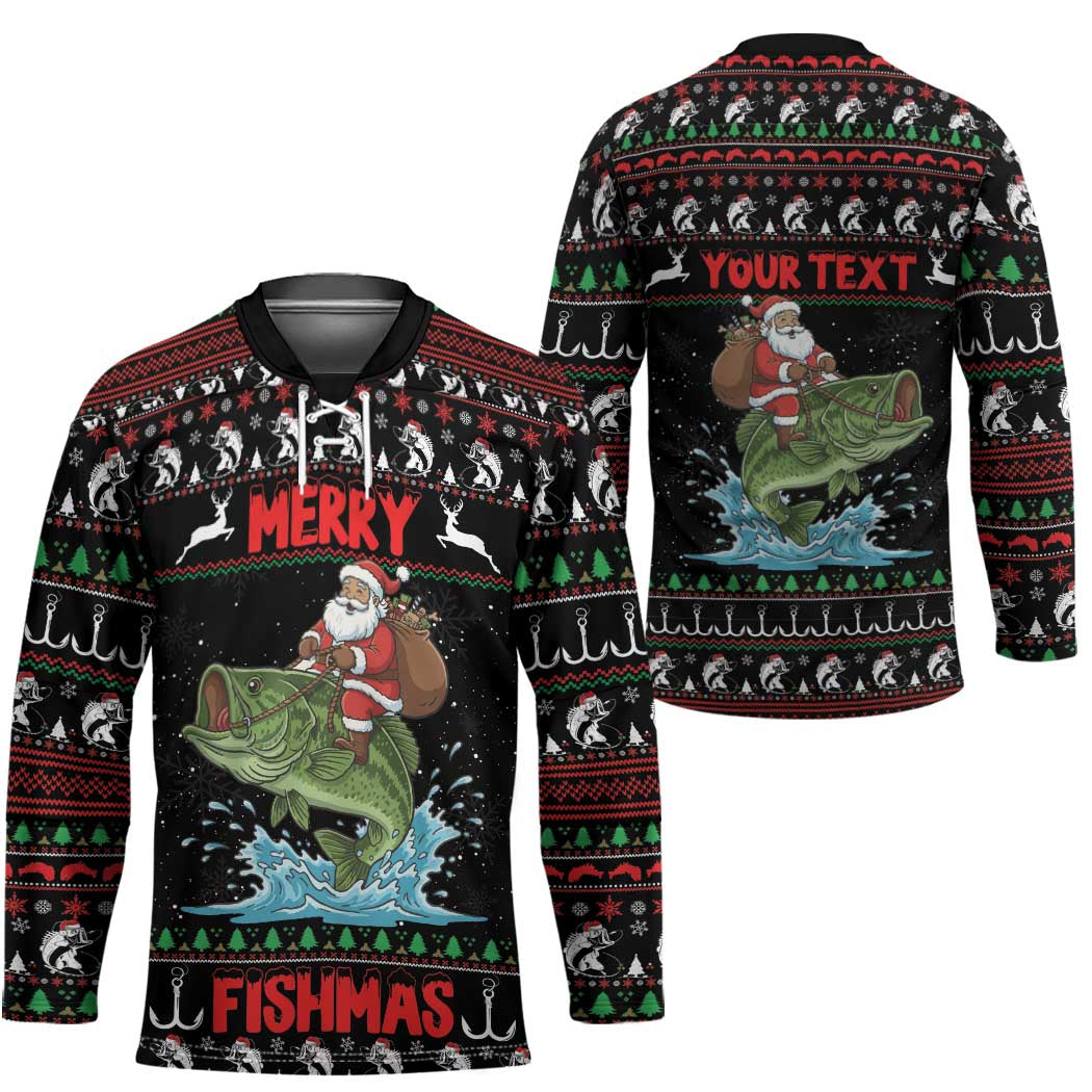 Merry Fishmas Santa Riding Bass Personalized Hockey Jersey Funny Christmas - Wonder Print Shop