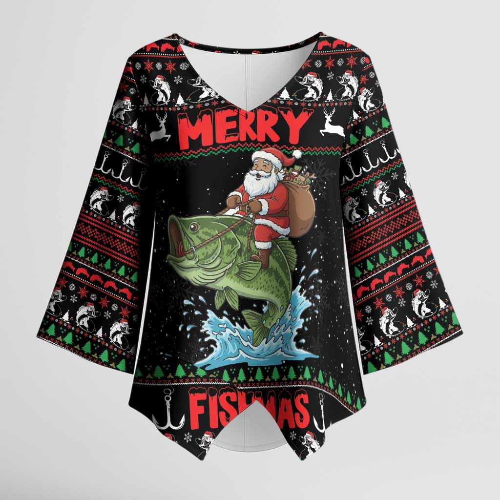 Merry Fishmas Santa Riding Bass Personalized Kimono Sleeve Blouse Funny Christmas - Wonder Print Shop