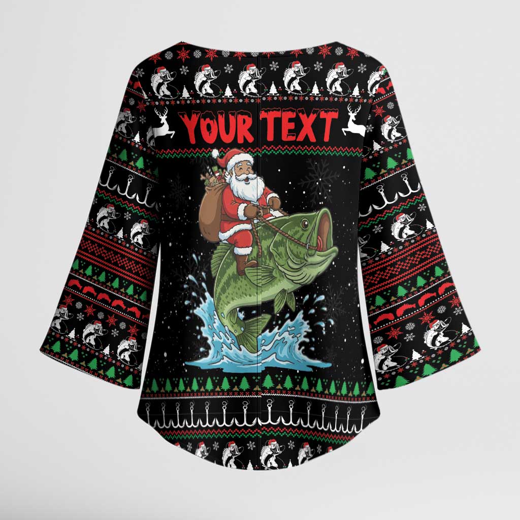 Merry Fishmas Santa Riding Bass Personalized Kimono Sleeve Blouse Funny Christmas - Wonder Print Shop