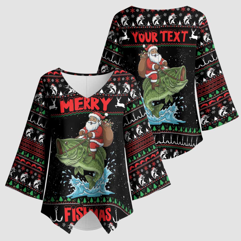 Merry Fishmas Santa Riding Bass Personalized Kimono Sleeve Blouse Funny Christmas - Wonder Print Shop