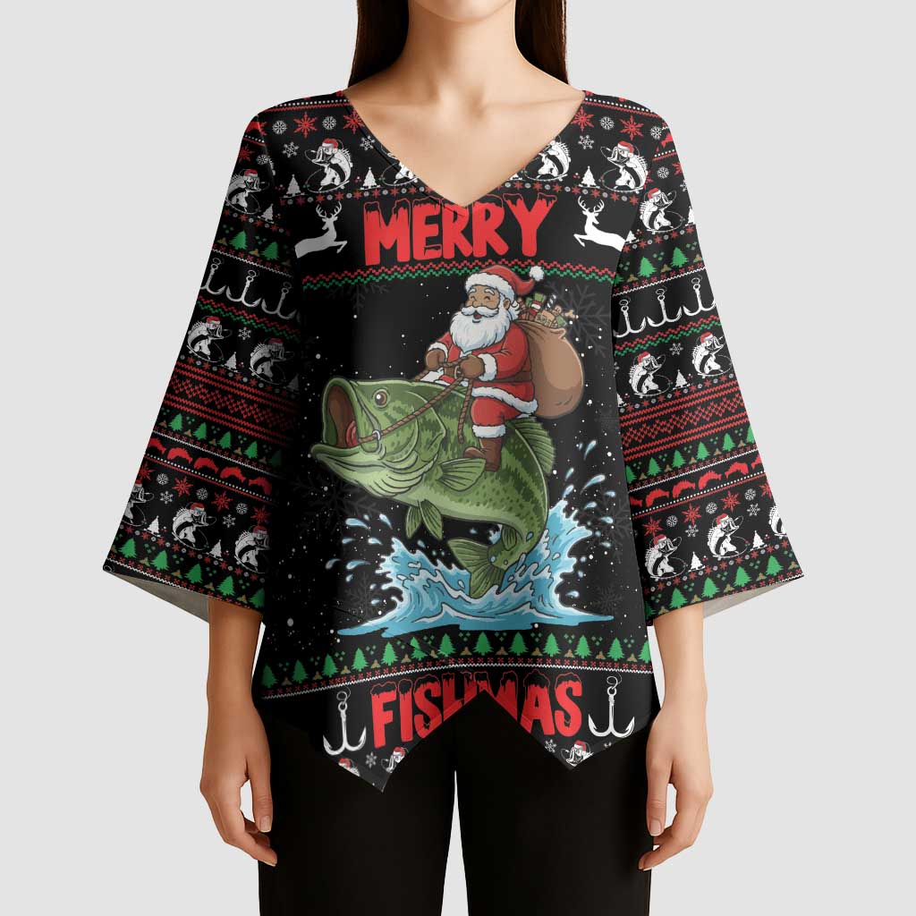 Merry Fishmas Santa Riding Bass Personalized Kimono Sleeve Blouse Funny Christmas - Wonder Print Shop