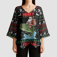 Merry Fishmas Santa Riding Bass Personalized Kimono Sleeve Blouse Funny Christmas - Wonder Print Shop