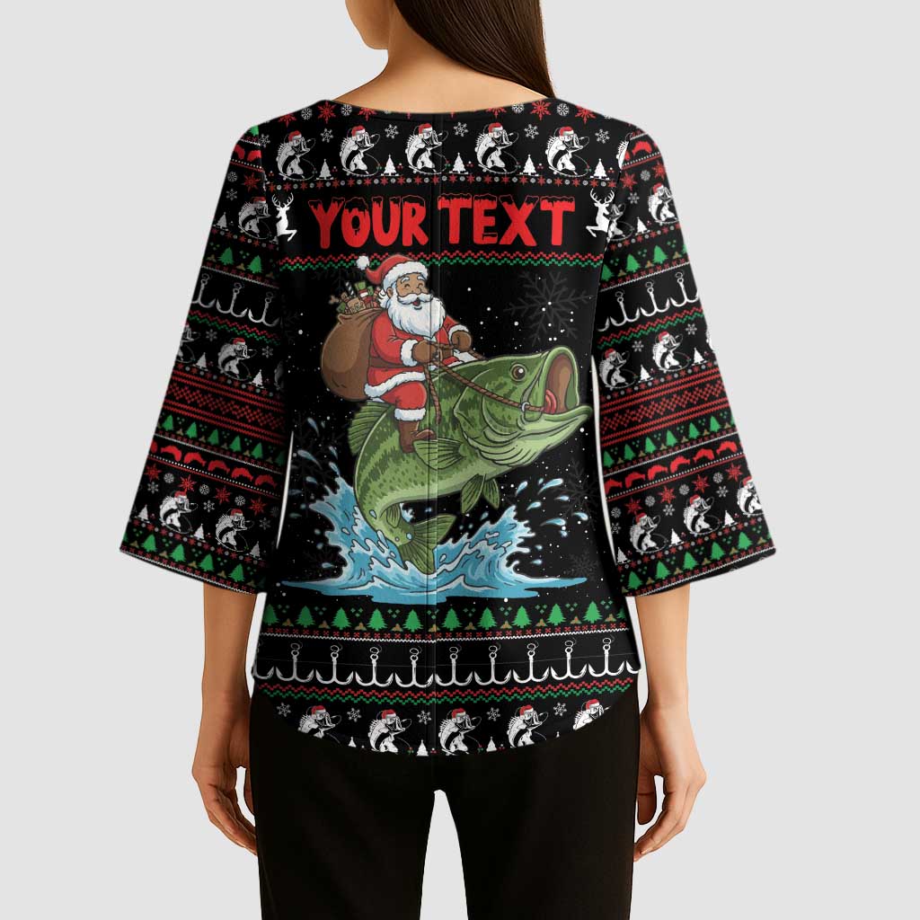 Merry Fishmas Santa Riding Bass Personalized Kimono Sleeve Blouse Funny Christmas - Wonder Print Shop