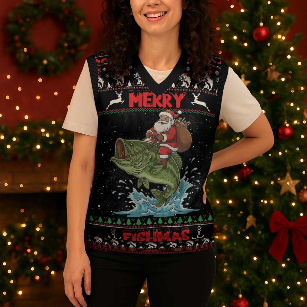 Merry Fishmas Santa Riding Bass Personalized Christmas Knitted V-Neck Vest Funny Christmas - Wonder Print Shop