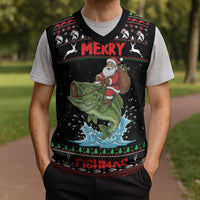 Merry Fishmas Santa Riding Bass Personalized Christmas Knitted V-Neck Vest Funny Christmas - Wonder Print Shop