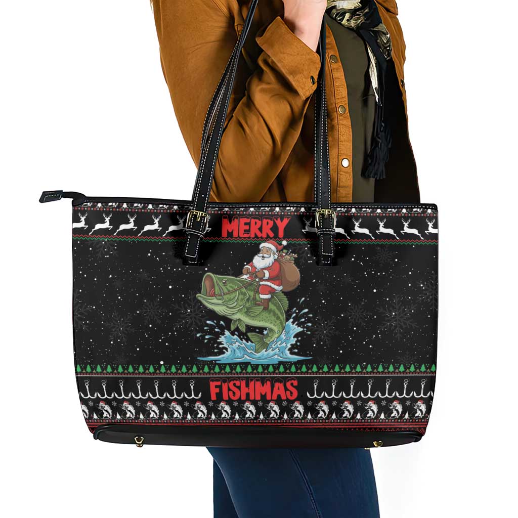 Merry Fishmas Santa Riding Bass Leather Tote Bag Funny Christmas - Wonder Print Shop