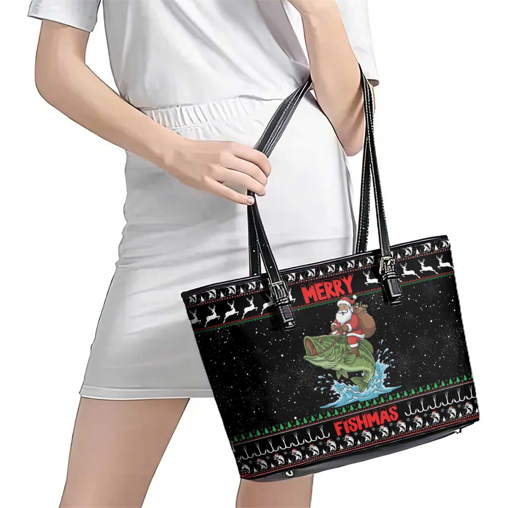 Merry Fishmas Santa Riding Bass Leather Tote Bag Funny Christmas - Wonder Print Shop