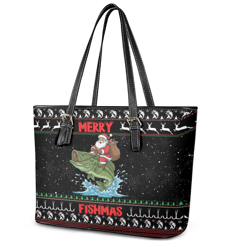 Merry Fishmas Santa Riding Bass Leather Tote Bag Funny Christmas - Wonder Print Shop