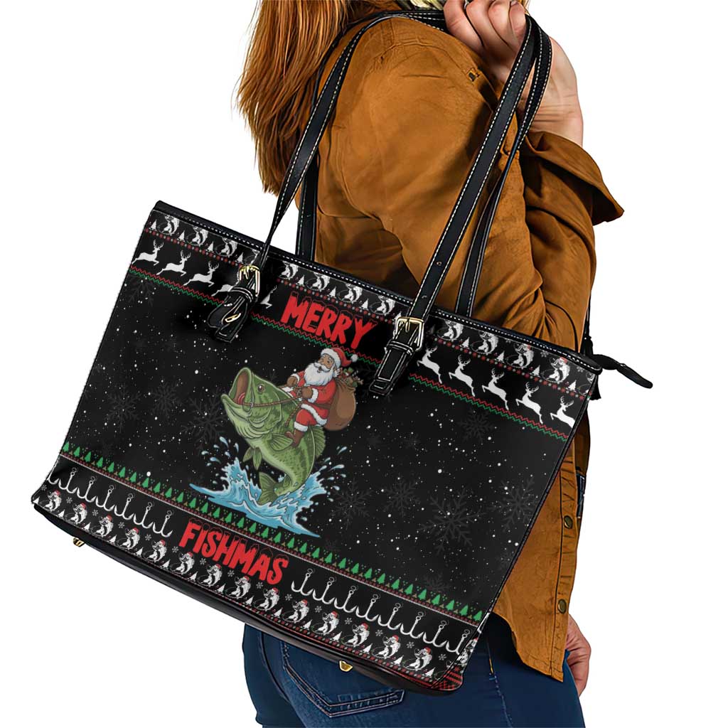 Merry Fishmas Santa Riding Bass Leather Tote Bag Funny Christmas - Wonder Print Shop