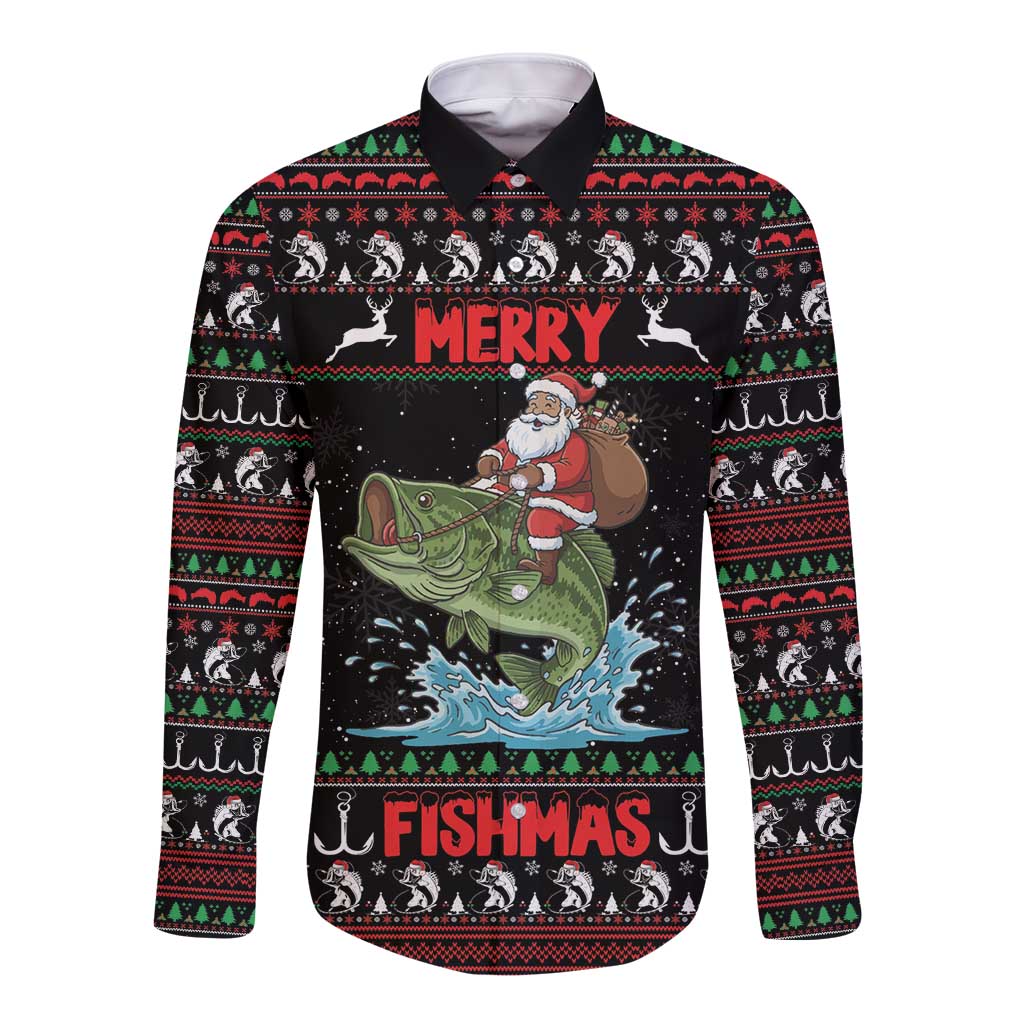 Merry Fishmas Santa Riding Bass Personalized Long Sleeve Button Shirt Funny Christmas - Wonder Print Shop