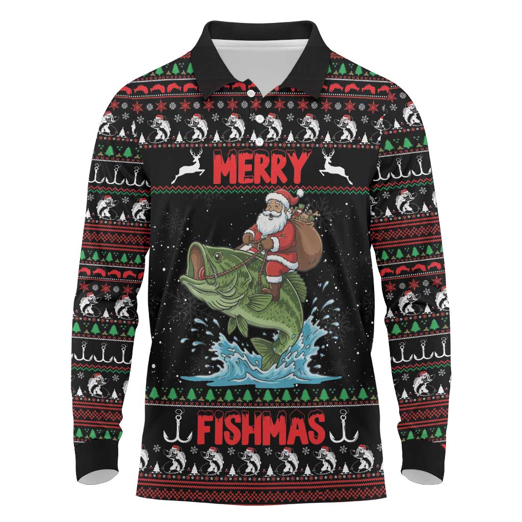 Merry Fishmas Santa Riding Bass Personalized Long Sleeve Polo Shirt Funny Christmas - Wonder Print Shop