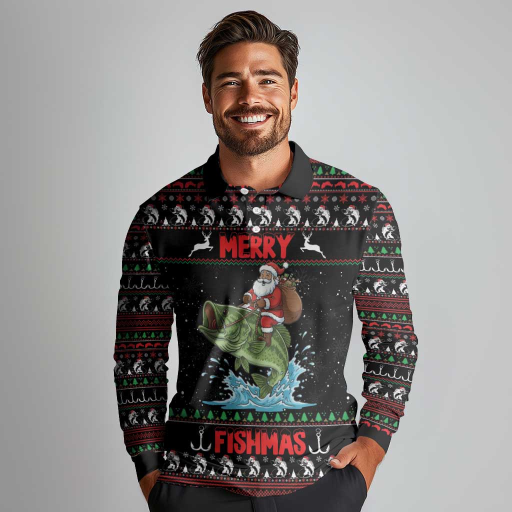 Merry Fishmas Santa Riding Bass Personalized Long Sleeve Polo Shirt Funny Christmas - Wonder Print Shop