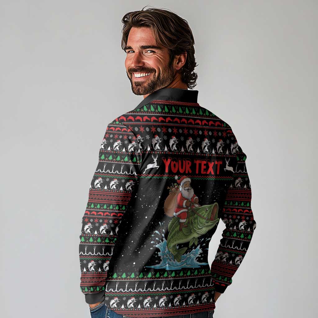 Merry Fishmas Santa Riding Bass Personalized Long Sleeve Polo Shirt Funny Christmas - Wonder Print Shop