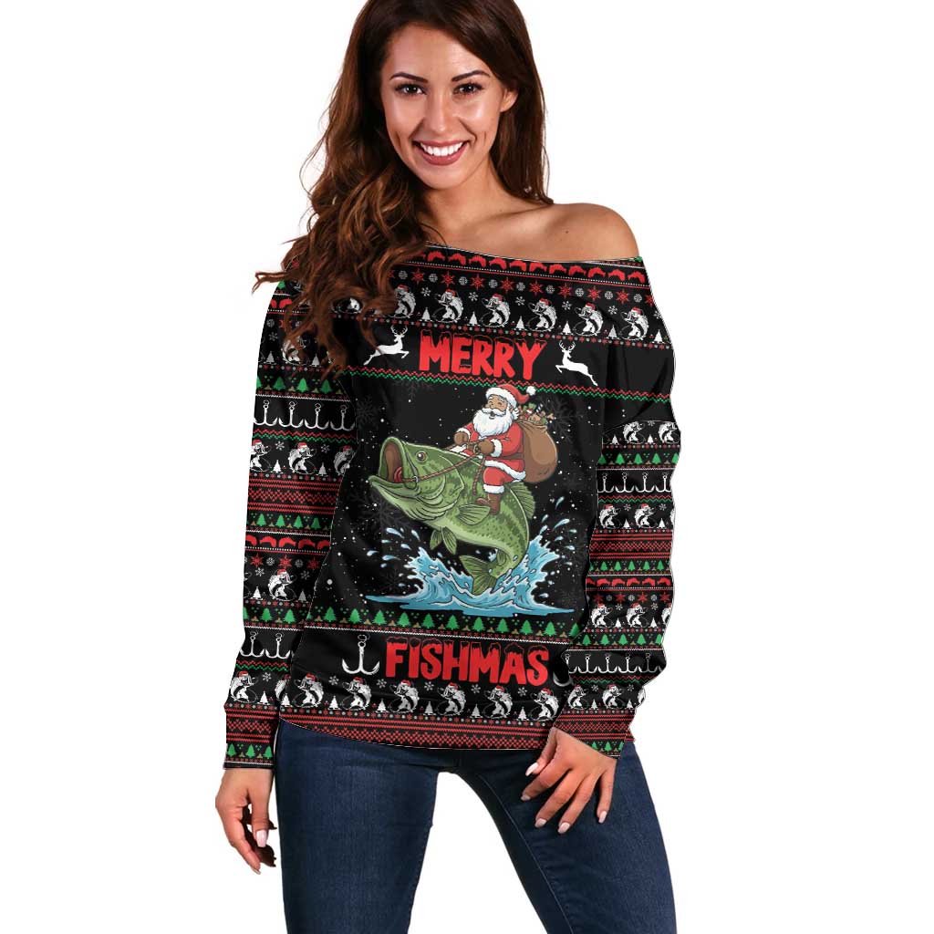 Merry Fishmas Santa Riding Bass Personalized Off Shoulder Sweater Funny Christmas - Wonder Print Shop