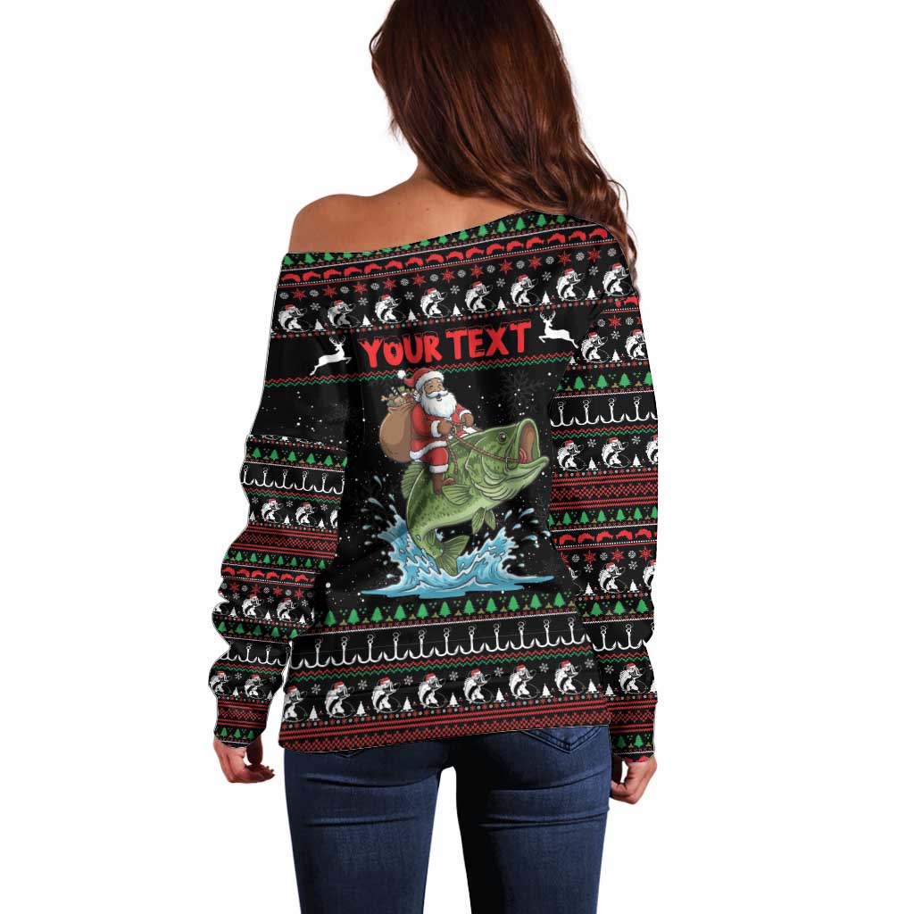 Merry Fishmas Santa Riding Bass Personalized Off Shoulder Sweater Funny Christmas - Wonder Print Shop
