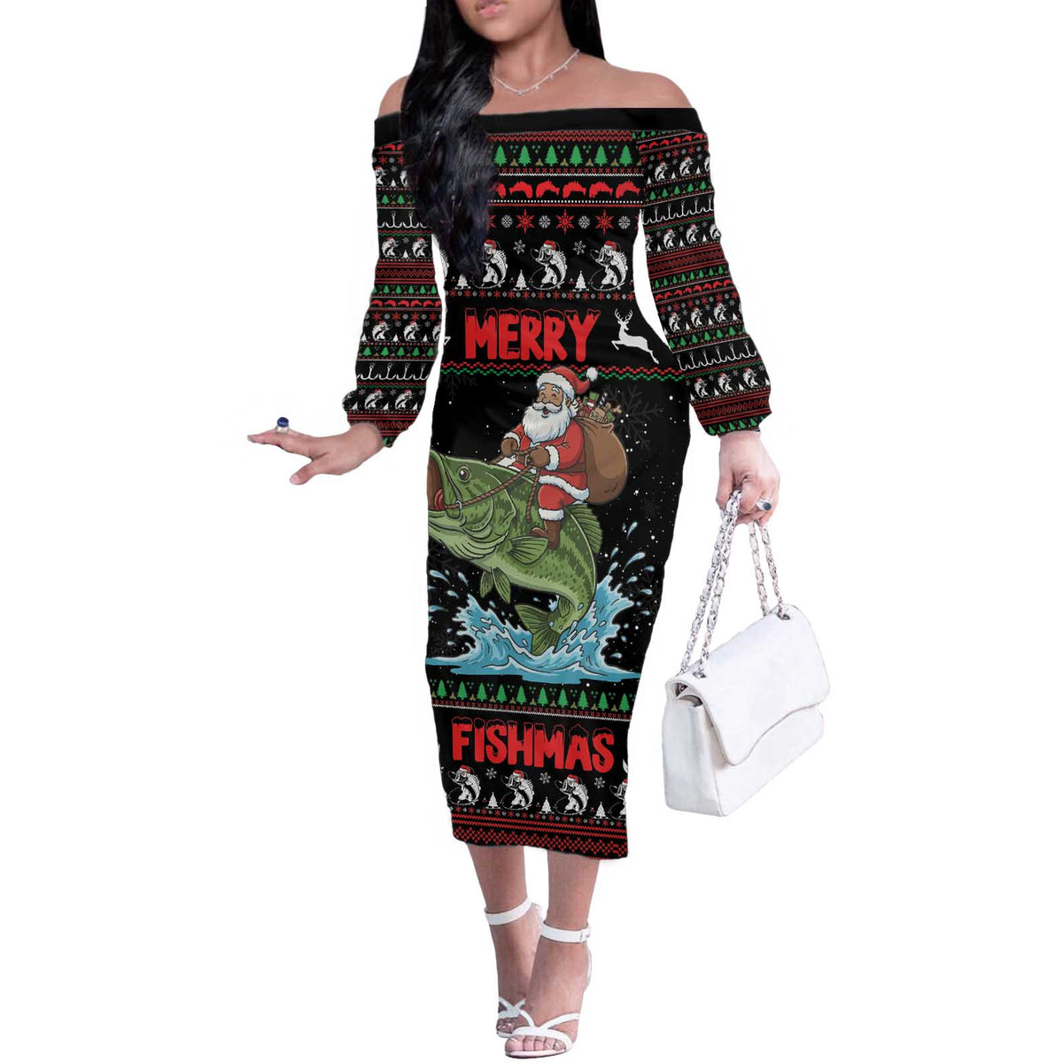 Merry Fishmas Santa Riding Bass Personalized Off The Shoulder Long Sleeve Dress Funny Christmas - Wonder Print Shop