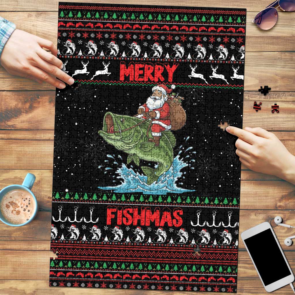 Merry Fishmas Santa Riding Bass Puzzle Funny Christmas - Wonder Print Shop