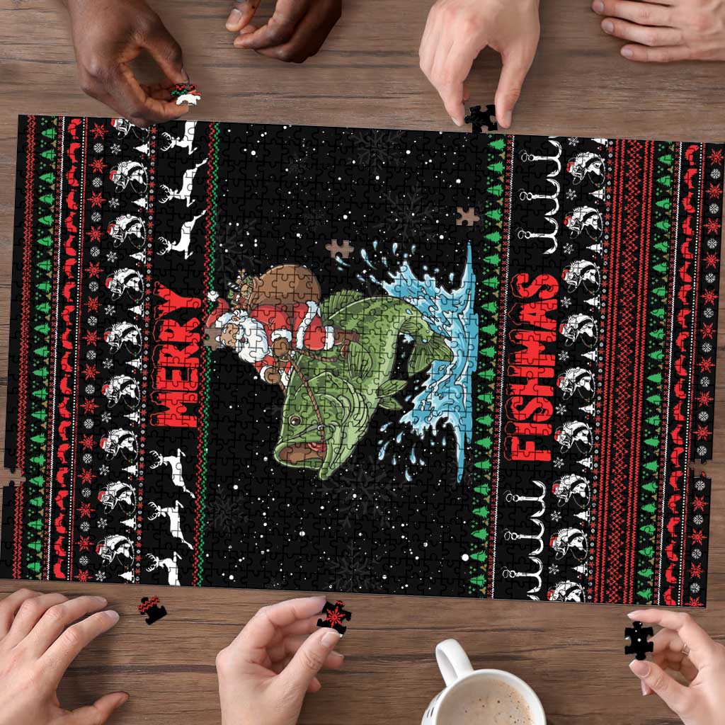 Merry Fishmas Santa Riding Bass Puzzle Funny Christmas - Wonder Print Shop