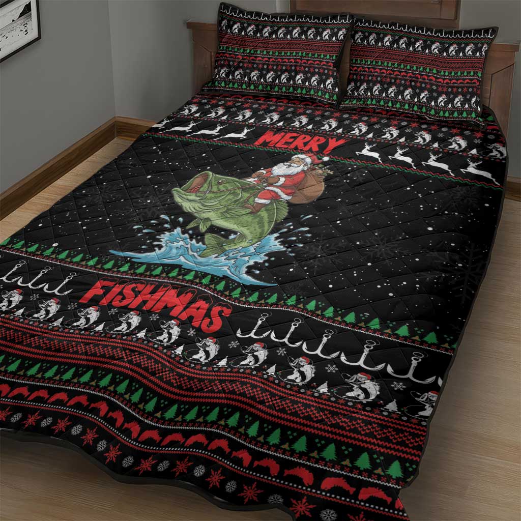 Merry Fishmas Santa Riding Bass Quilt Bed Set Funny Christmas - Wonder Print Shop
