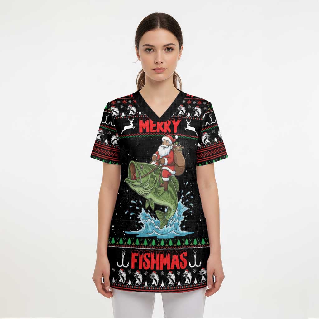 Merry Fishmas Santa Riding Bass Personalized Scrub Top Funny Christmas - Wonder Print Shop
