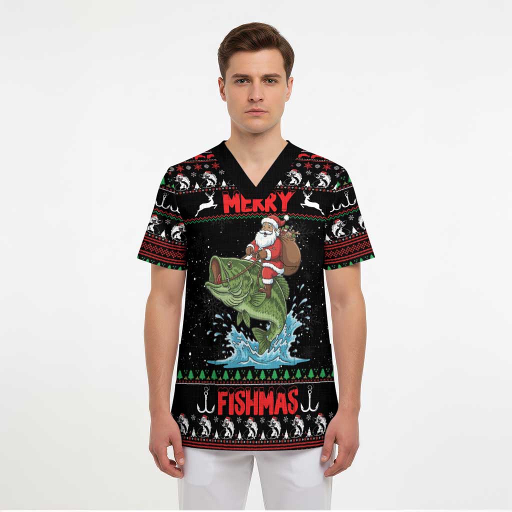 Merry Fishmas Santa Riding Bass Personalized Scrub Top Funny Christmas - Wonder Print Shop