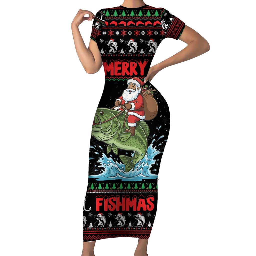 Merry Fishmas Santa Riding Bass Personalized Short Sleeve Bodycon Dress Funny Christmas - Wonder Print Shop