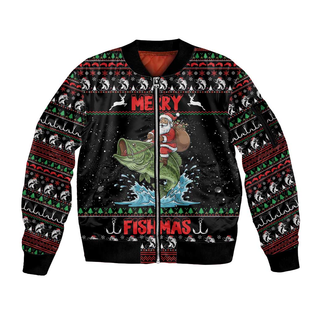 Merry Fishmas Santa Riding Bass Personalized Sleeve Zip Bomber Jacket Funny Christmas - Wonder Print Shop