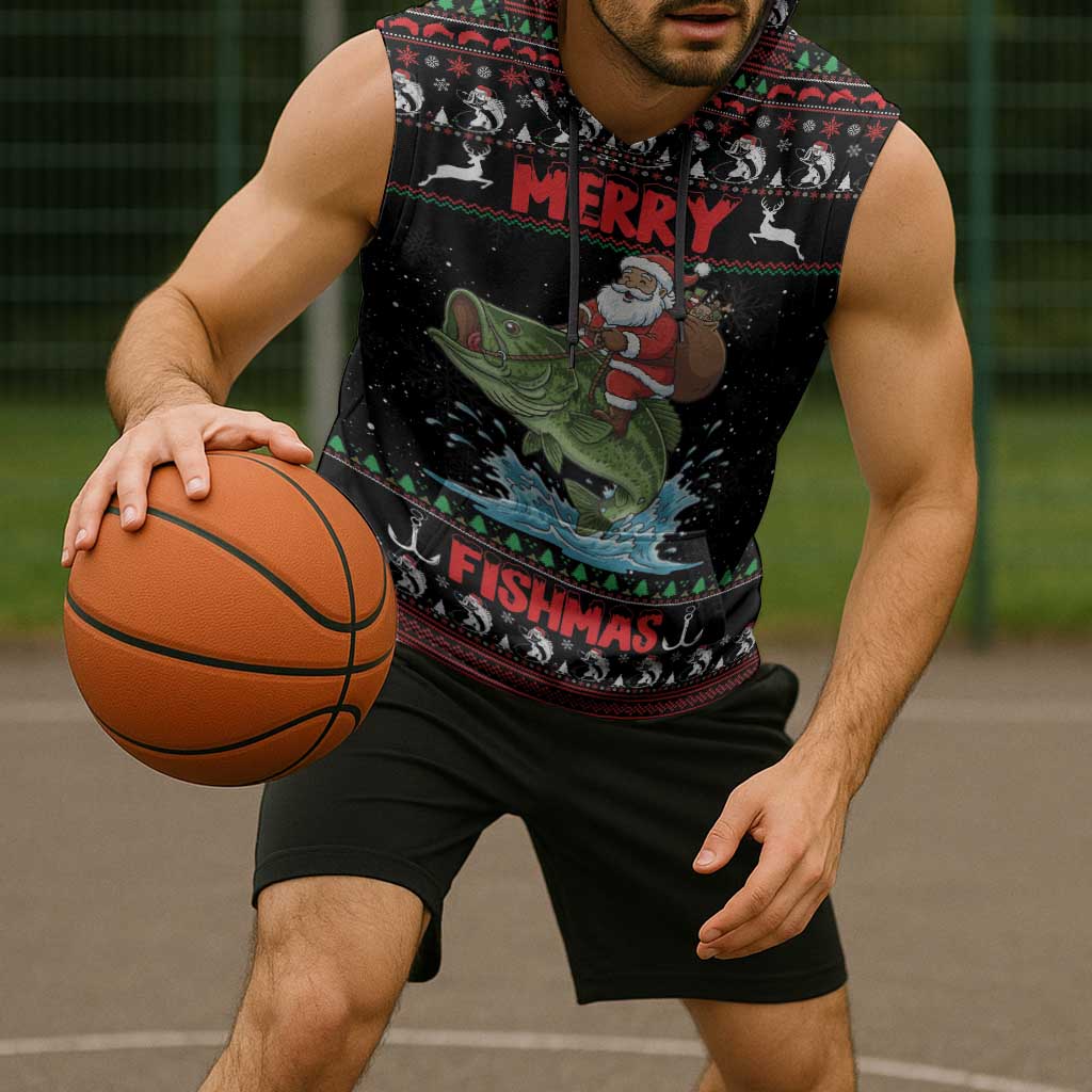 Merry Fishmas Santa Riding Bass Personalized Sleeveless Hoodie Funny Christmas - Wonder Print Shop