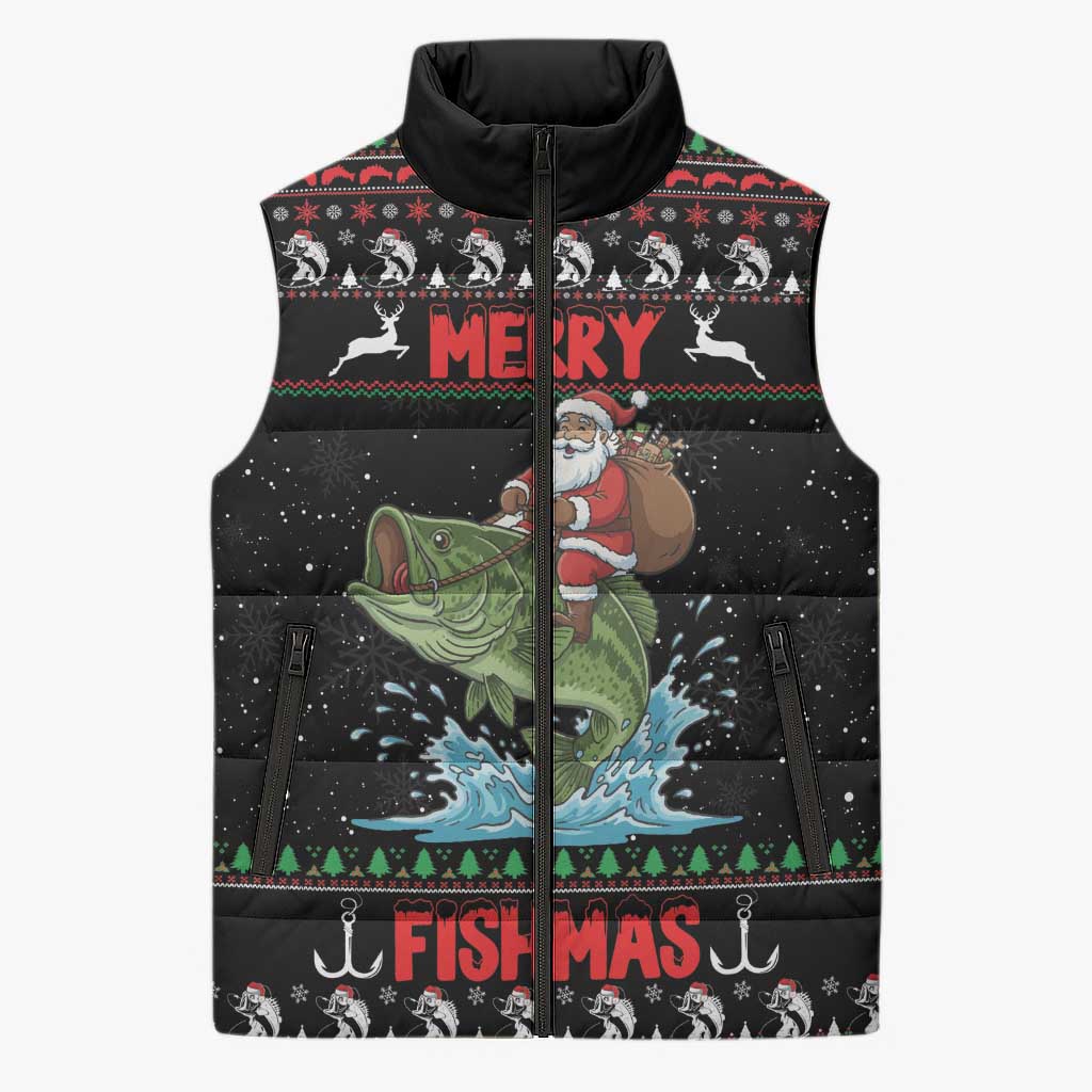 Merry Fishmas Santa Riding Bass Personalized Sleeveless Puffer Jacket Funny Christmas - Wonder Print Shop