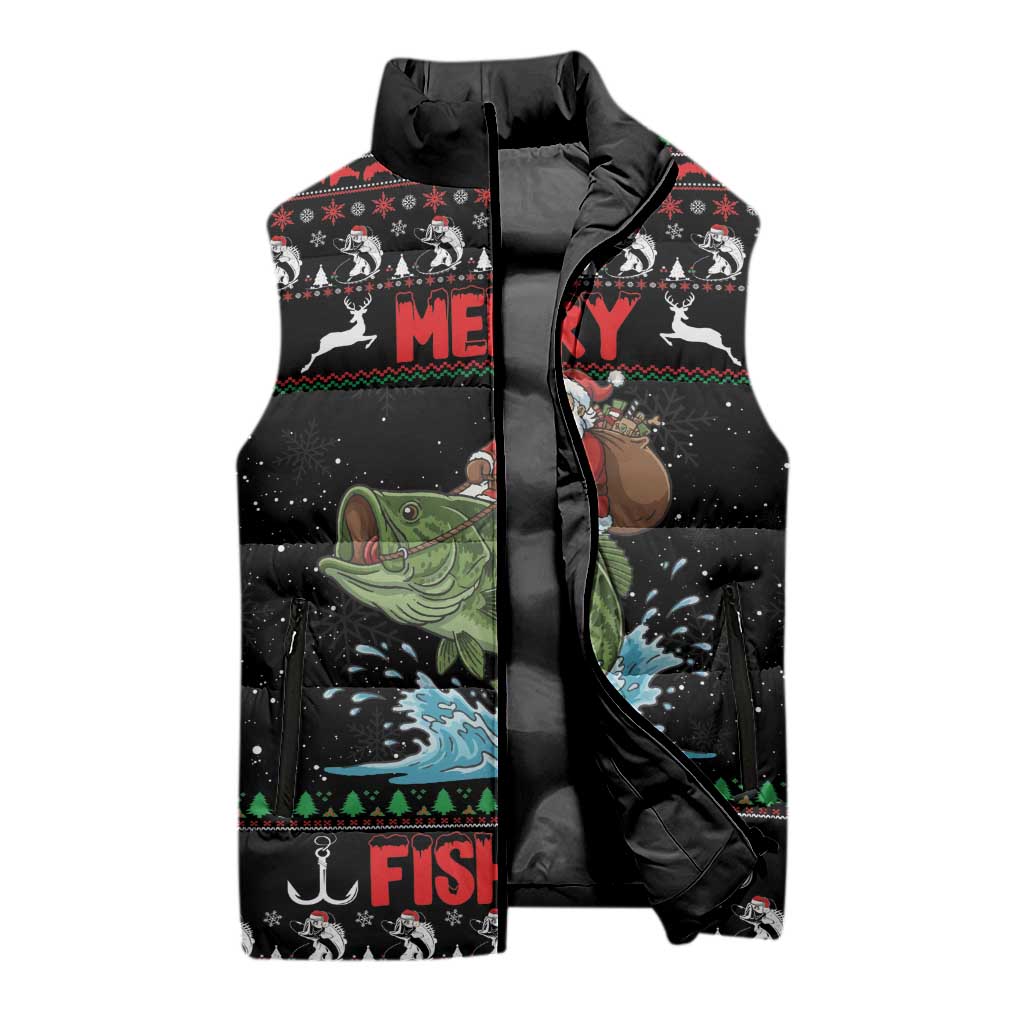 Merry Fishmas Santa Riding Bass Personalized Sleeveless Puffer Jacket Funny Christmas - Wonder Print Shop