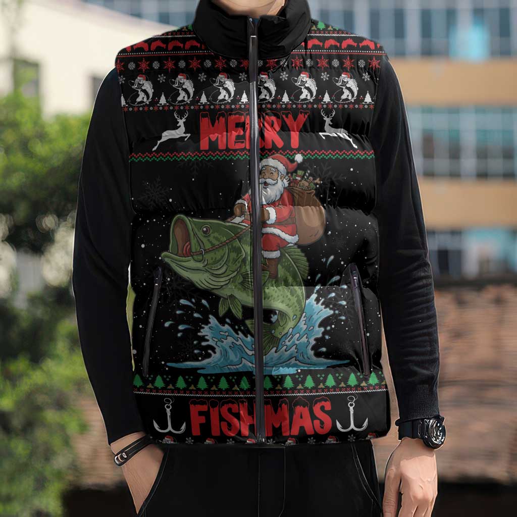 Merry Fishmas Santa Riding Bass Personalized Sleeveless Puffer Jacket Funny Christmas - Wonder Print Shop