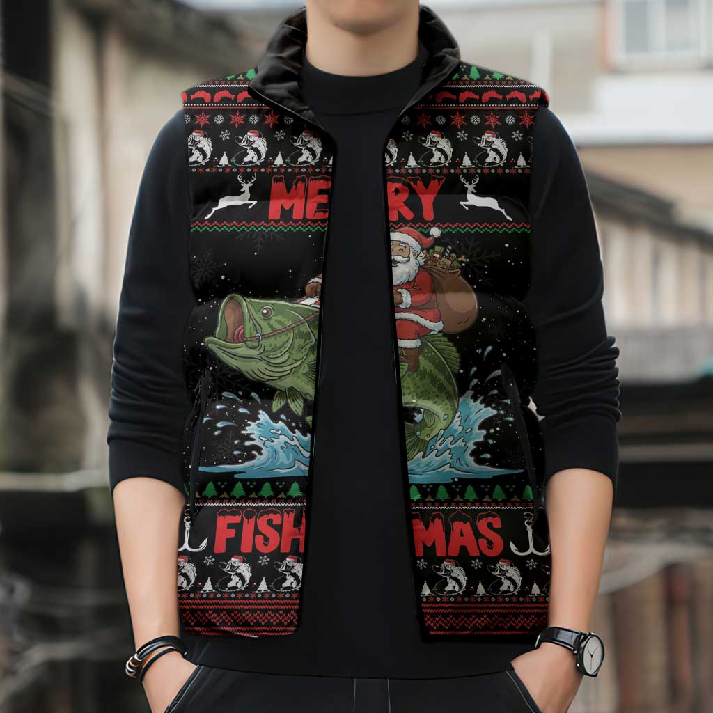 Merry Fishmas Santa Riding Bass Personalized Sleeveless Puffer Jacket Funny Christmas - Wonder Print Shop