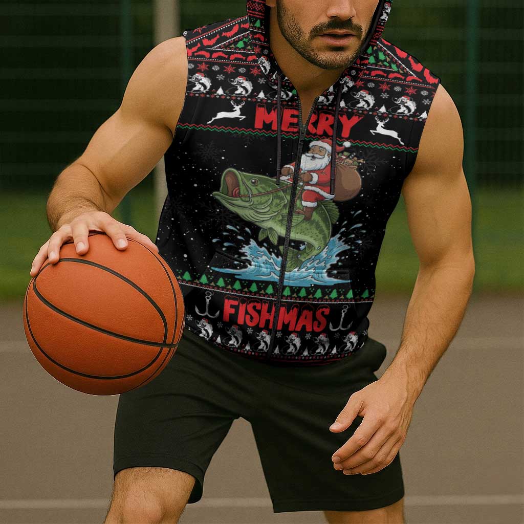 Merry Fishmas Santa Riding Bass Personalized Sleeveless Zip Hoodie Funny Christmas - Wonder Print Shop