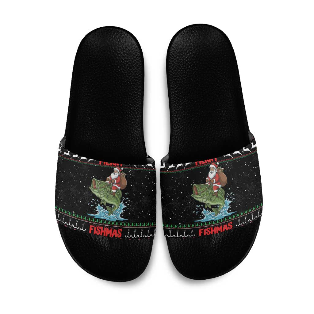 Merry Fishmas Santa Riding Bass Slide Sandals Funny Christmas - Wonder Print Shop