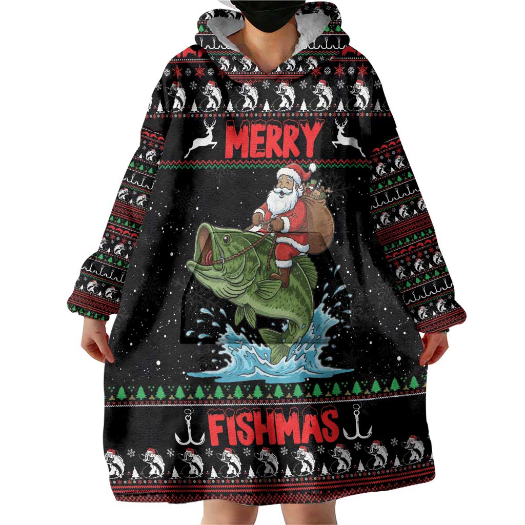 Merry Fishmas Santa Riding Bass Personalized Wearable Blanket Hoodie Funny Christmas - Wonder Print Shop