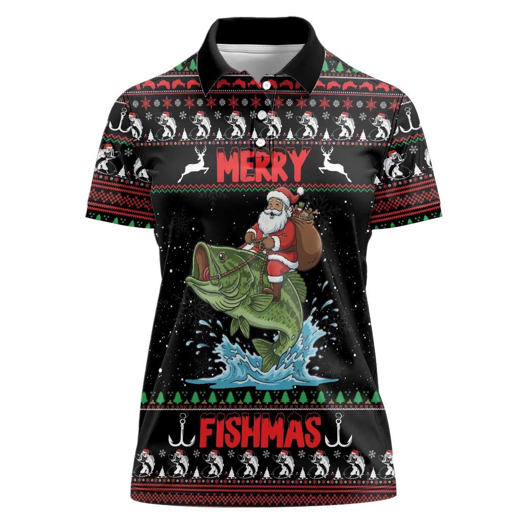 Merry Fishmas Santa Riding Bass Personalized Women Polo Shirt Funny Christmas - Wonder Print Shop