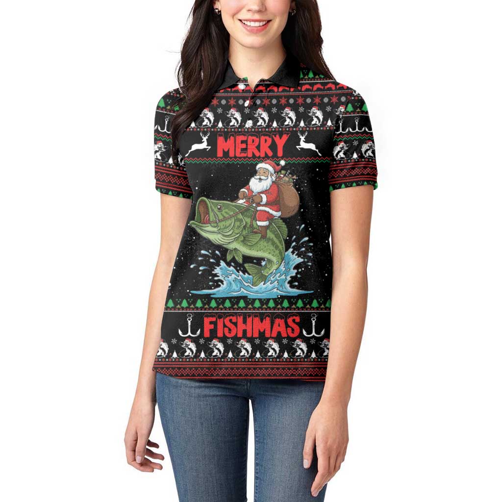 Merry Fishmas Santa Riding Bass Personalized Women Polo Shirt Funny Christmas - Wonder Print Shop