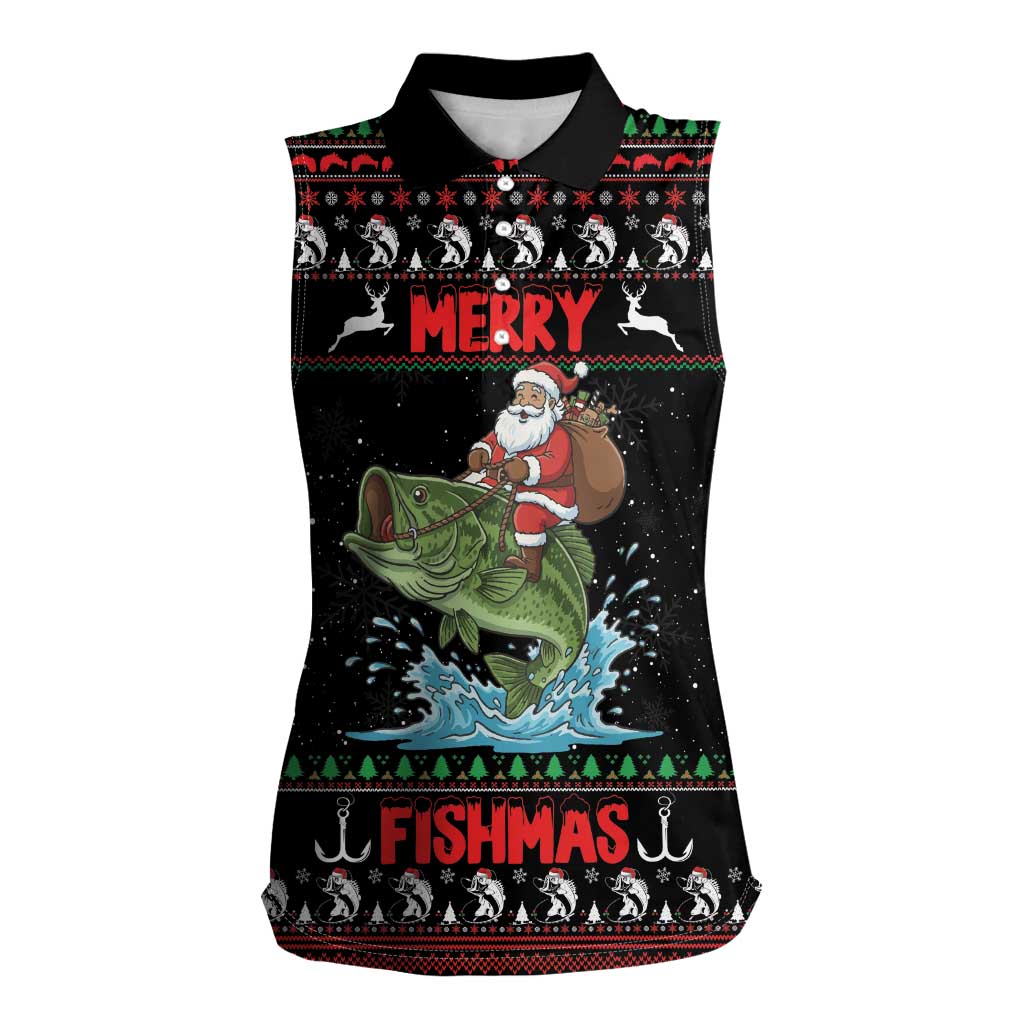 Merry Fishmas Santa Riding Bass Personalized Women Sleeveless Polo Shirt Funny Christmas - Wonder Print Shop