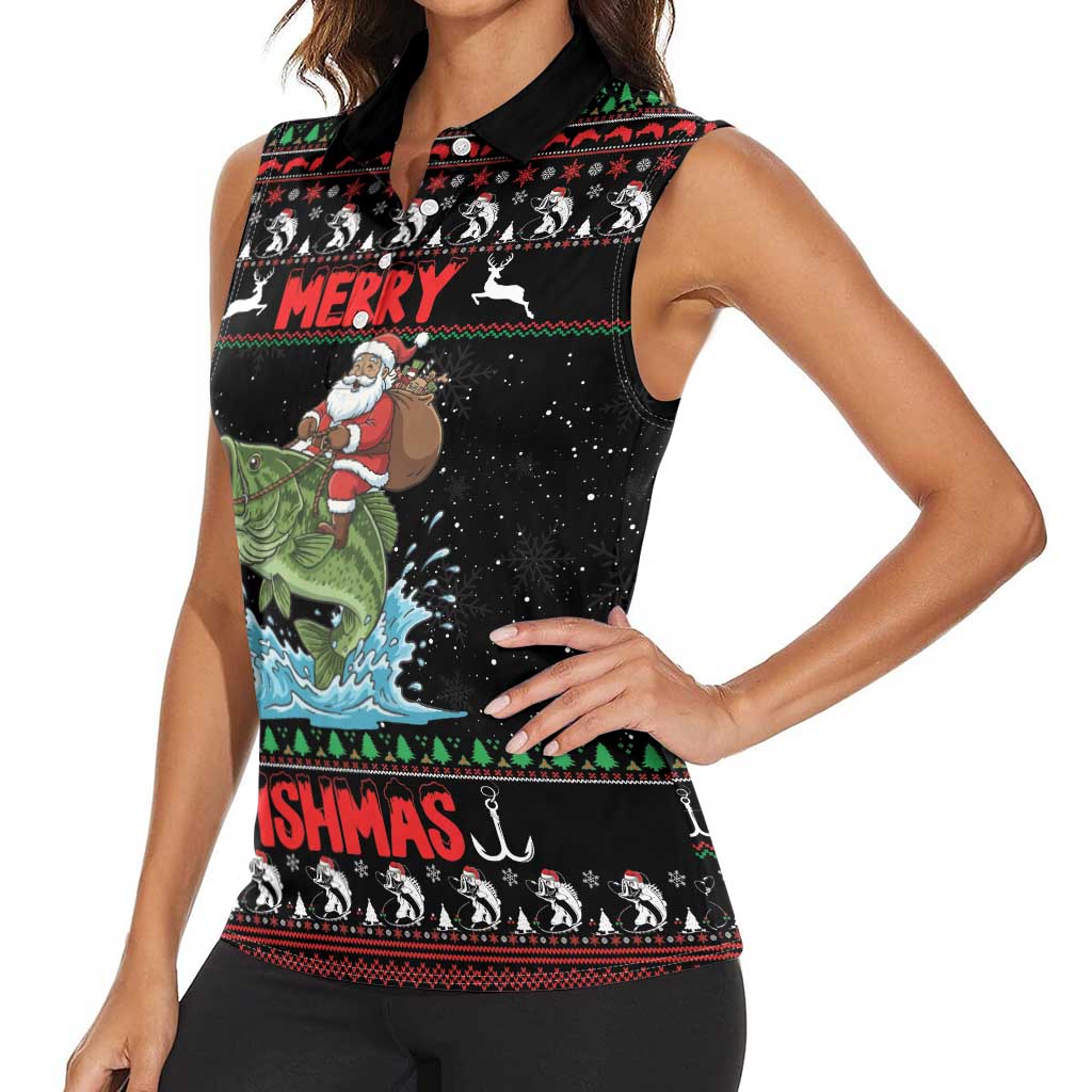 Merry Fishmas Santa Riding Bass Personalized Women Sleeveless Polo Shirt Funny Christmas - Wonder Print Shop
