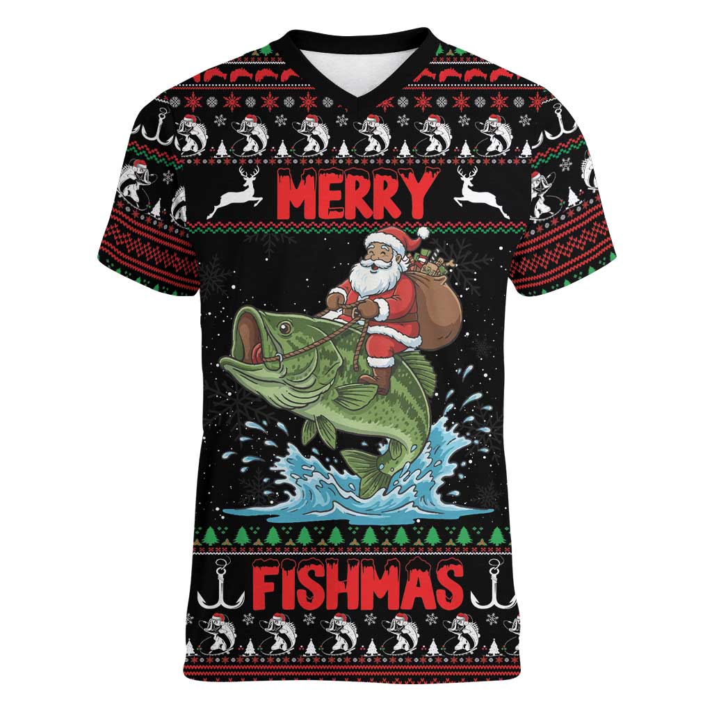 Merry Fishmas Santa Riding Bass Personalized Women V-Neck T-Shirt Funny Christmas - Wonder Print Shop