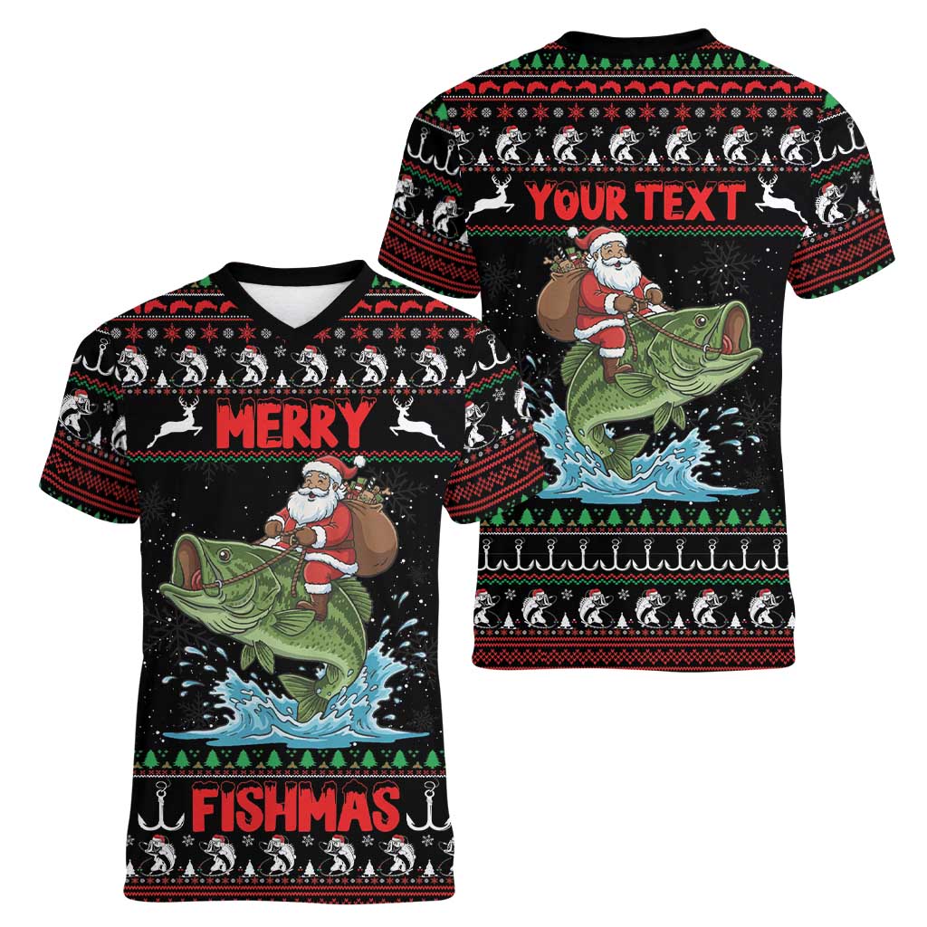 Merry Fishmas Santa Riding Bass Personalized Women V-Neck T-Shirt Funny Christmas - Wonder Print Shop
