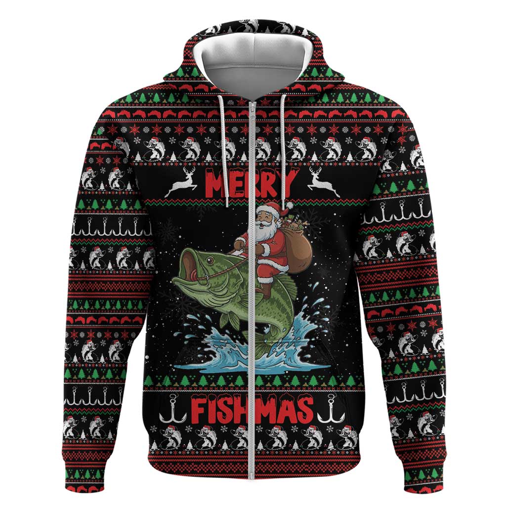 Merry Fishmas Santa Riding Bass Personalized Zip Hoodie Funny Christmas - Wonder Print Shop