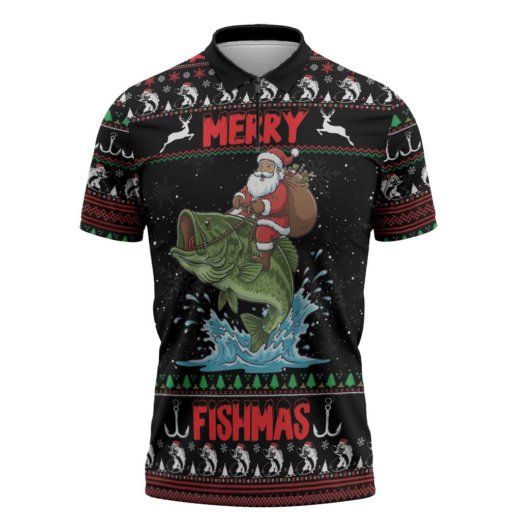Merry Fishmas Santa Riding Bass Personalized Zipper Polo Shirt Funny Christmas - Wonder Print Shop