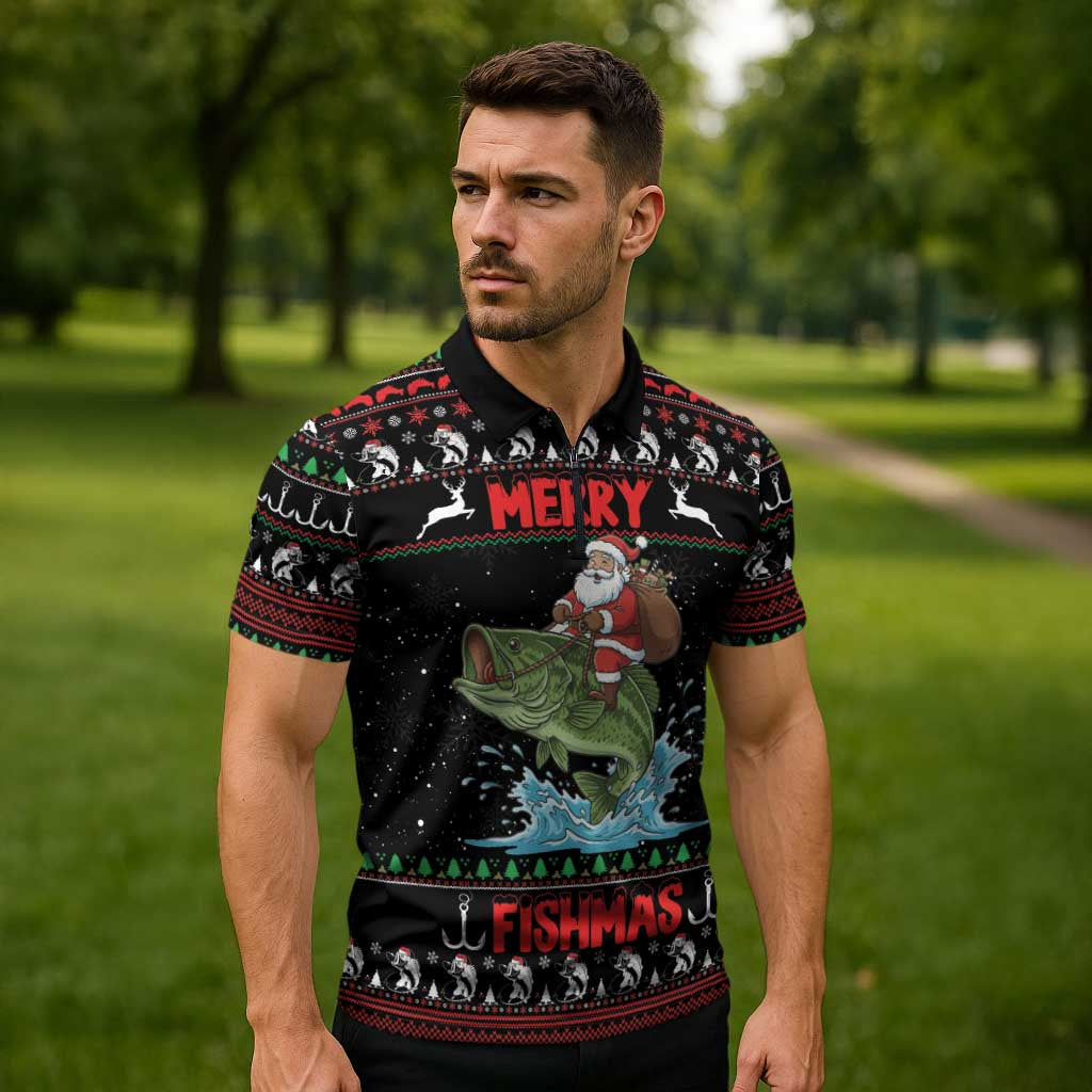 Merry Fishmas Santa Riding Bass Personalized Zipper Polo Shirt Funny Christmas - Wonder Print Shop