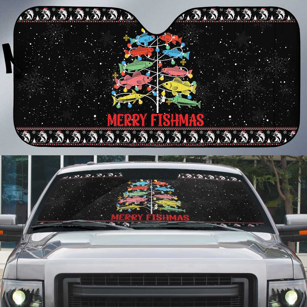 Merry Fishmas Auto Sun Shade Fishing Christmas Tree Lights - Wonder Print Shop