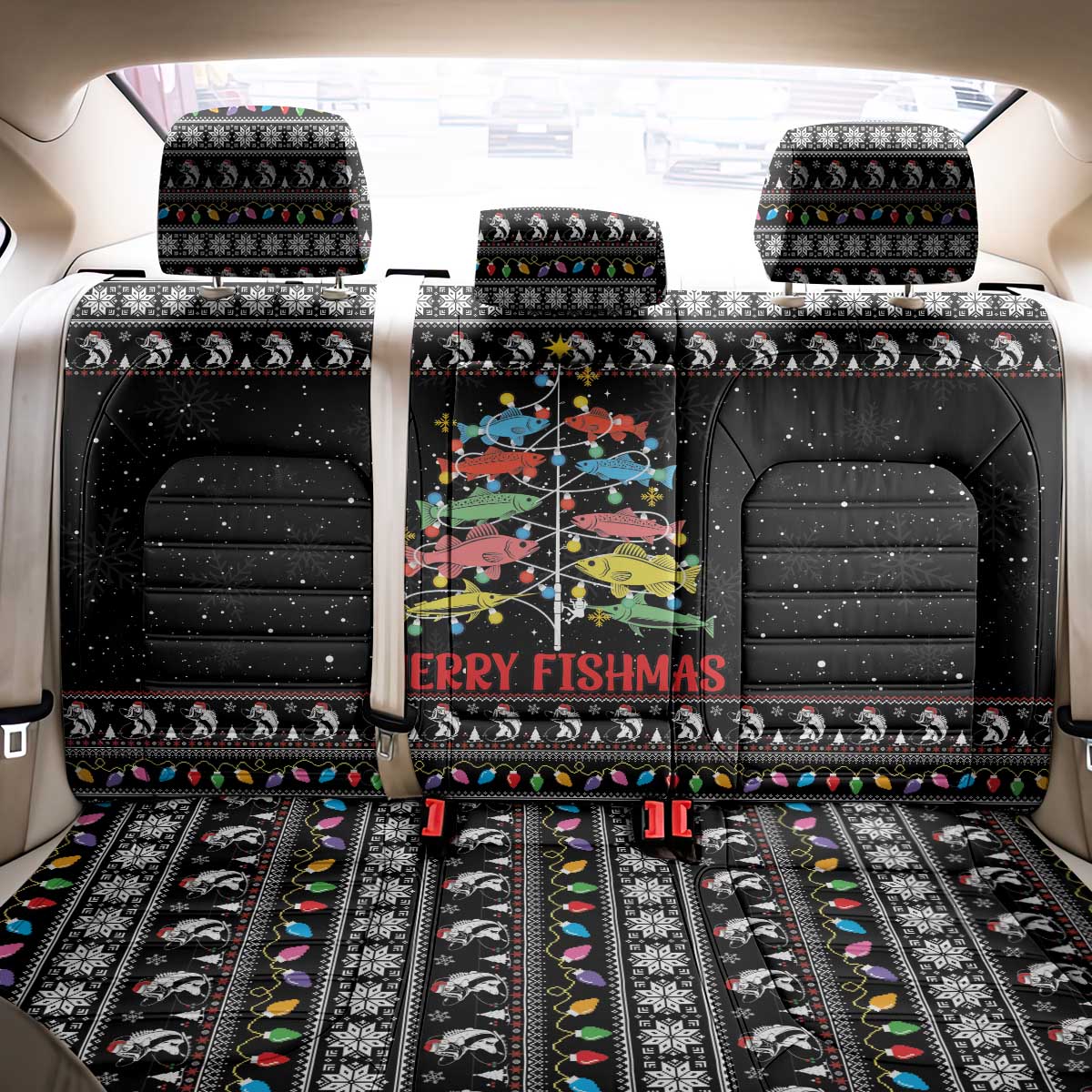 Merry Fishmas Back Car Seat Cover Fishing Christmas Tree Lights - Wonder Print Shop