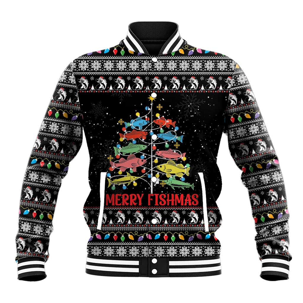 Merry Fishmas Baseball Jacket Fishing Christmas Tree Lights - Wonder Print Shop