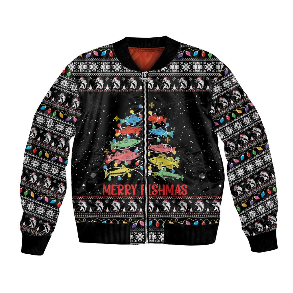Merry Fishmas Bomber Jacket Fishing Christmas Tree Lights - Wonder Print Shop
