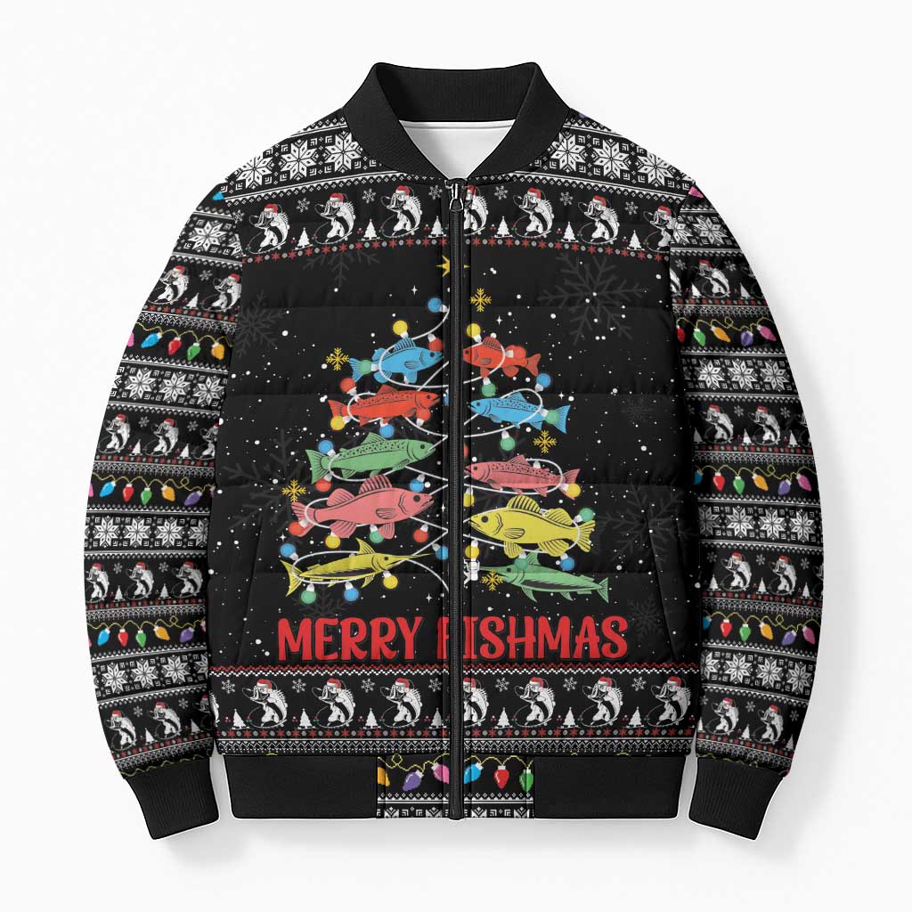 Merry Fishmas Bomber Puffer Jacket Fishing Christmas Tree Lights - Wonder Print Shop