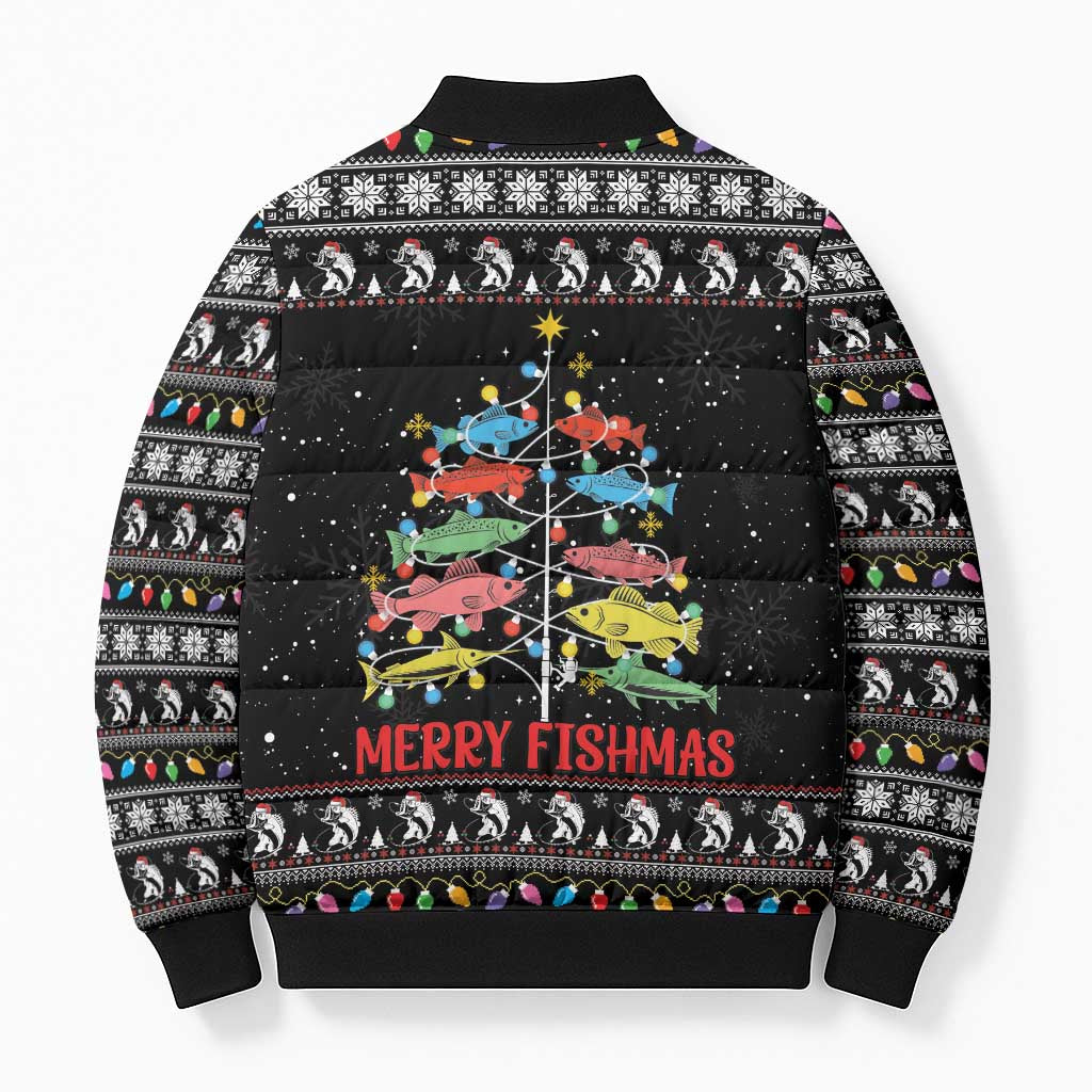 Merry Fishmas Bomber Puffer Jacket Fishing Christmas Tree Lights - Wonder Print Shop